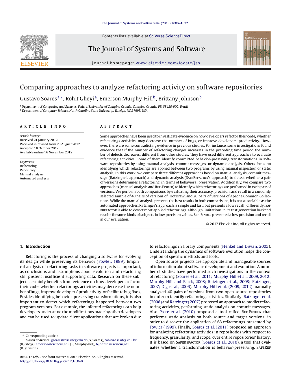 Comparing approaches to analyze refactoring activity on software repositories