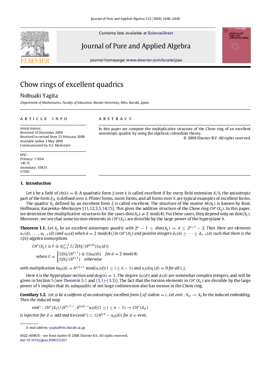 Chow rings of excellent quadrics