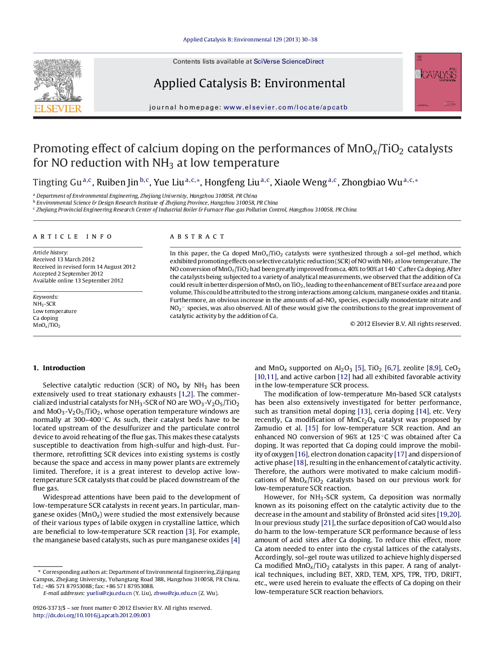 Promoting effect of calcium doping on the performances of MnOx/TiO2 catalysts for NO reduction with NH3 at low temperature