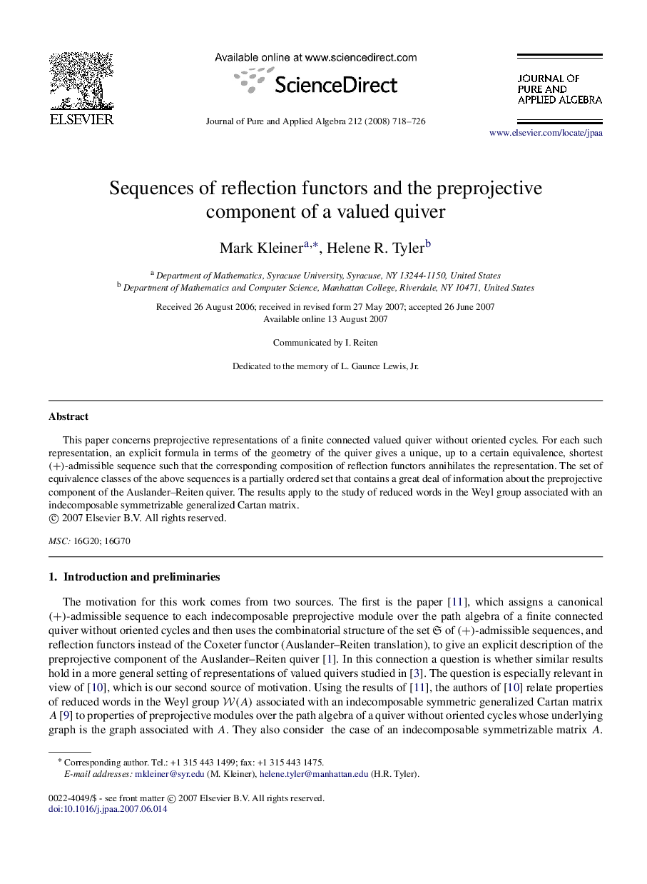 Sequences of reflection functors and the preprojective component of a valued quiver