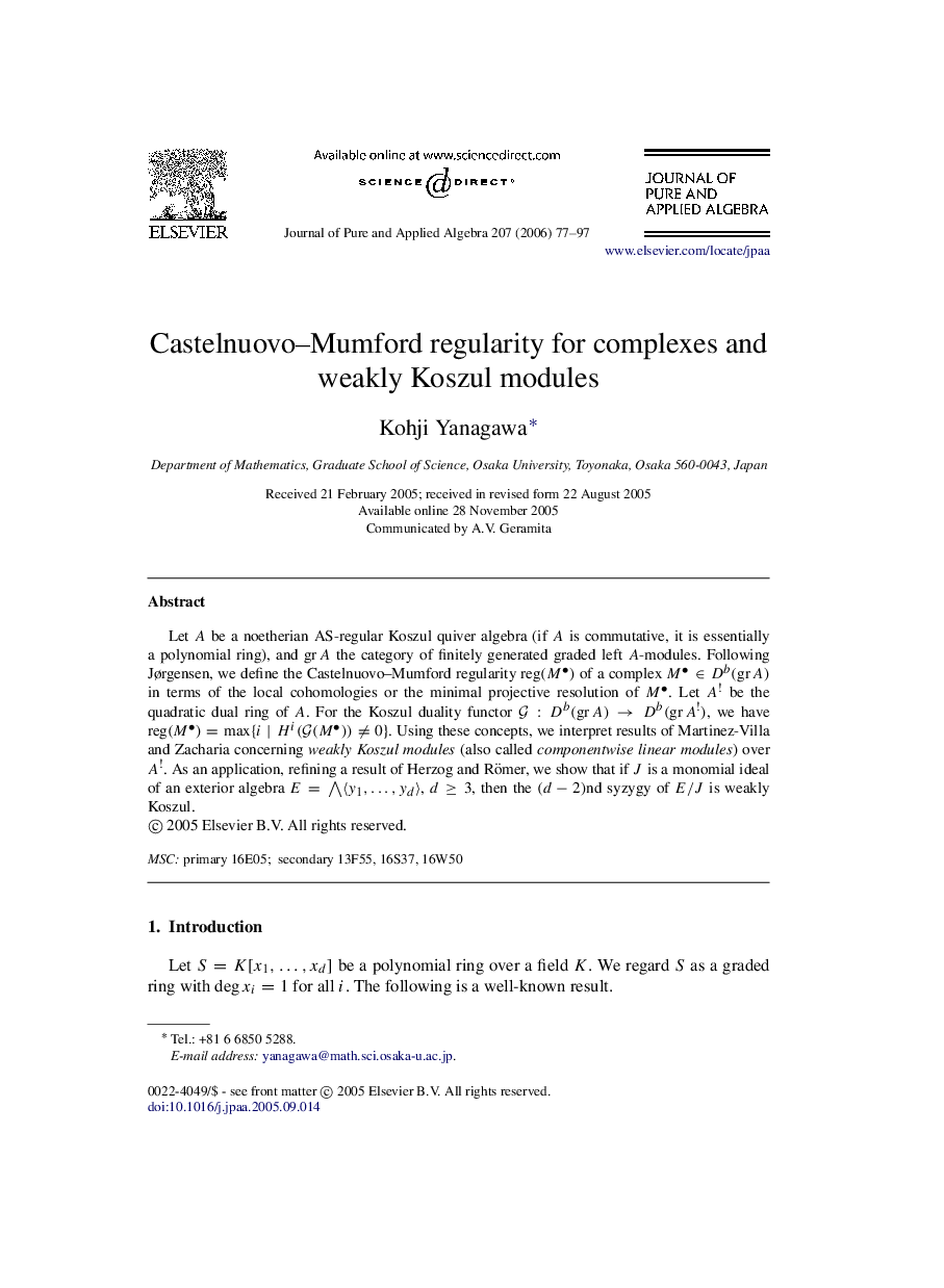 عکس صفحه اول مقاله: Castelnuovo-Mumford regularity for complexes and weakly Koszul modules Castelnuovo-Mumford regularity for complexes and weakly Koszul modules