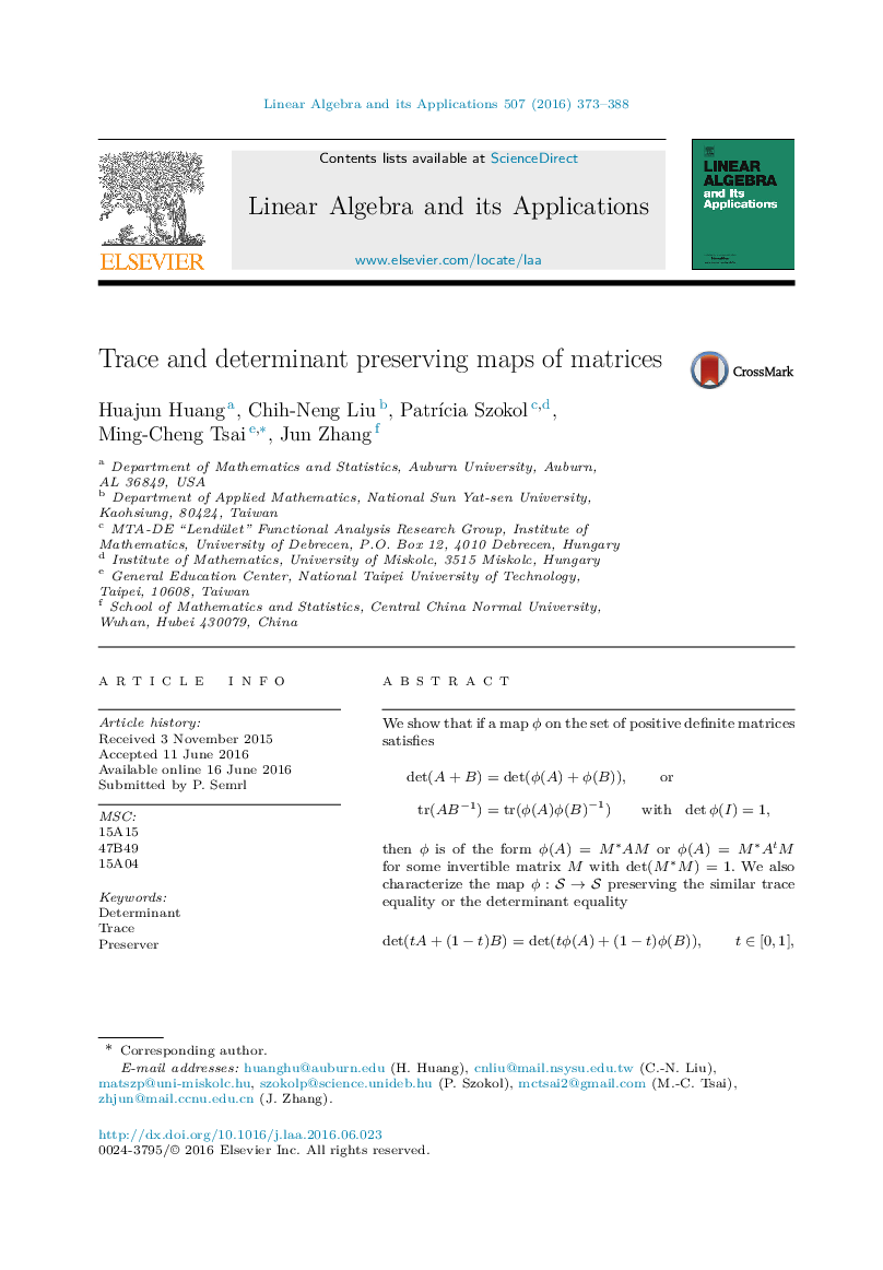 Trace and determinant preserving maps of matrices