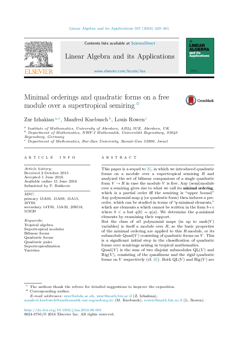 Minimal orderings and quadratic forms on a free module over a supertropical semiring 