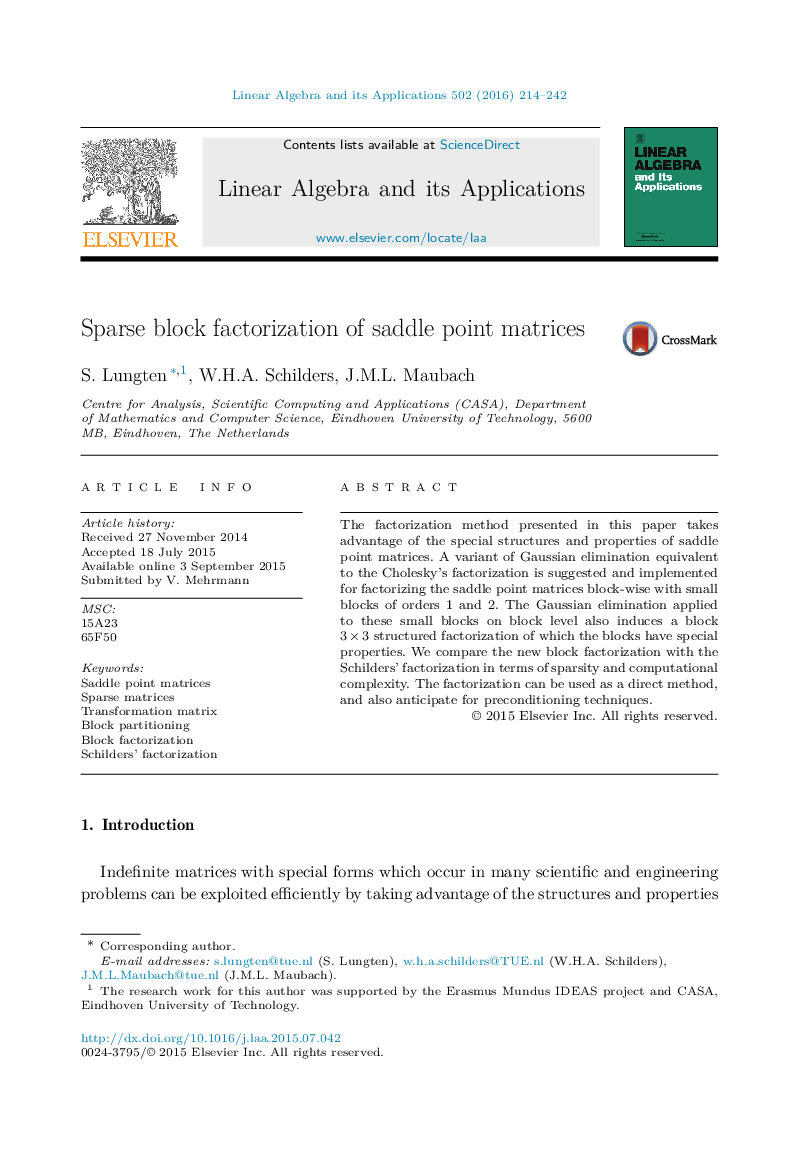 Sparse block factorization of saddle point matrices