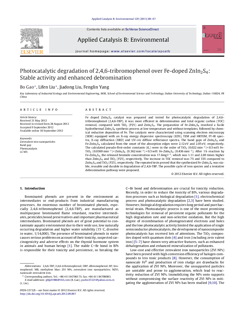 Photocatalytic degradation of 2,4,6-tribromophenol over Fe-doped ZnIn2S4: Stable activity and enhanced debromination