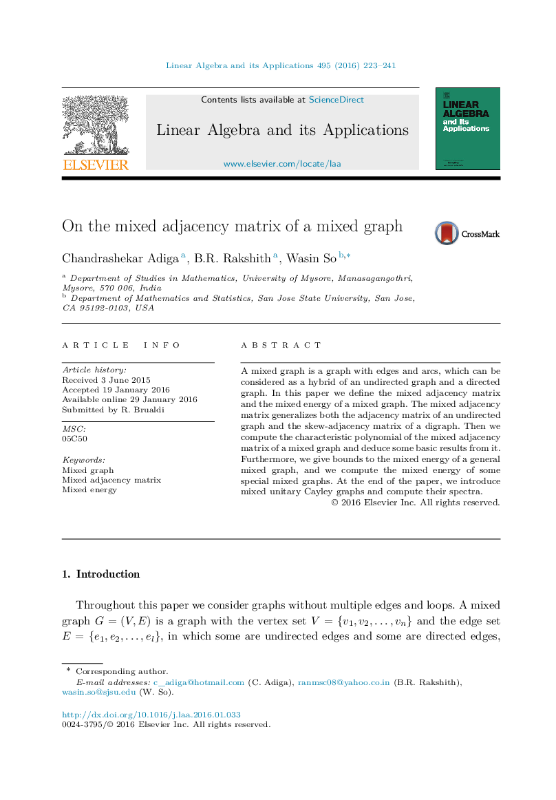 On the mixed adjacency matrix of a mixed graph