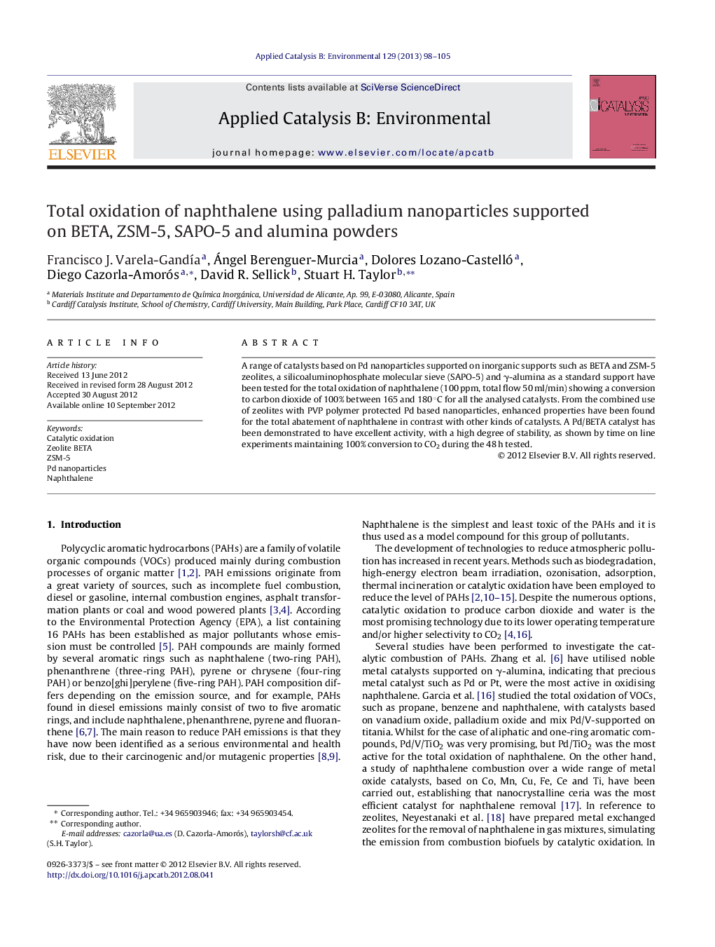 Total oxidation of naphthalene using palladium nanoparticles supported on BETA, ZSM-5, SAPO-5 and alumina powders