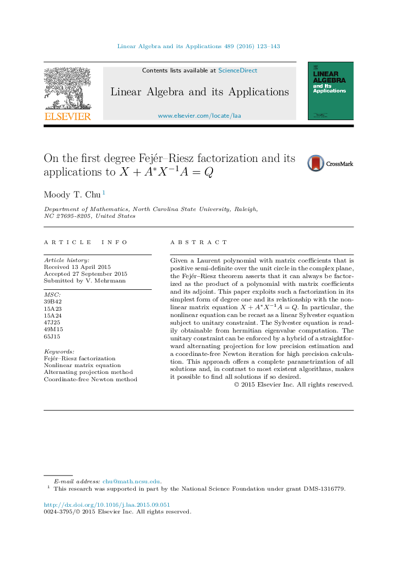 On the first degree Fejér–Riesz factorization and its applications to X + A⁎X−1A = Q