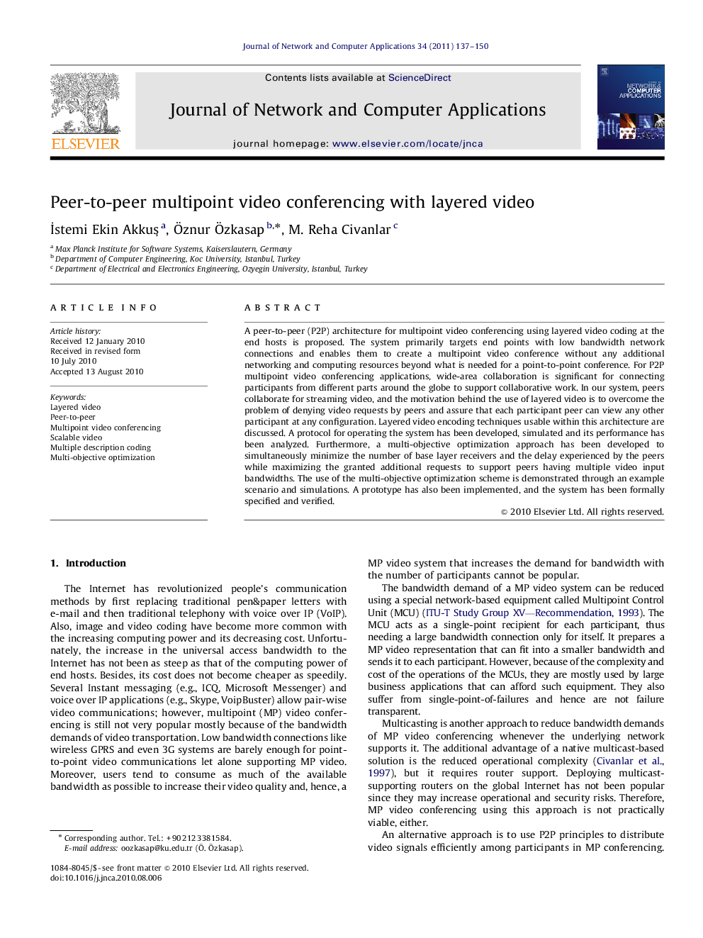 Peer-to-peer multipoint video conferencing with layered video