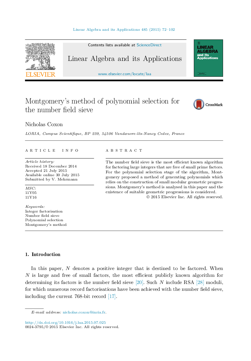 Montgomery's method of polynomial selection for the number field sieve