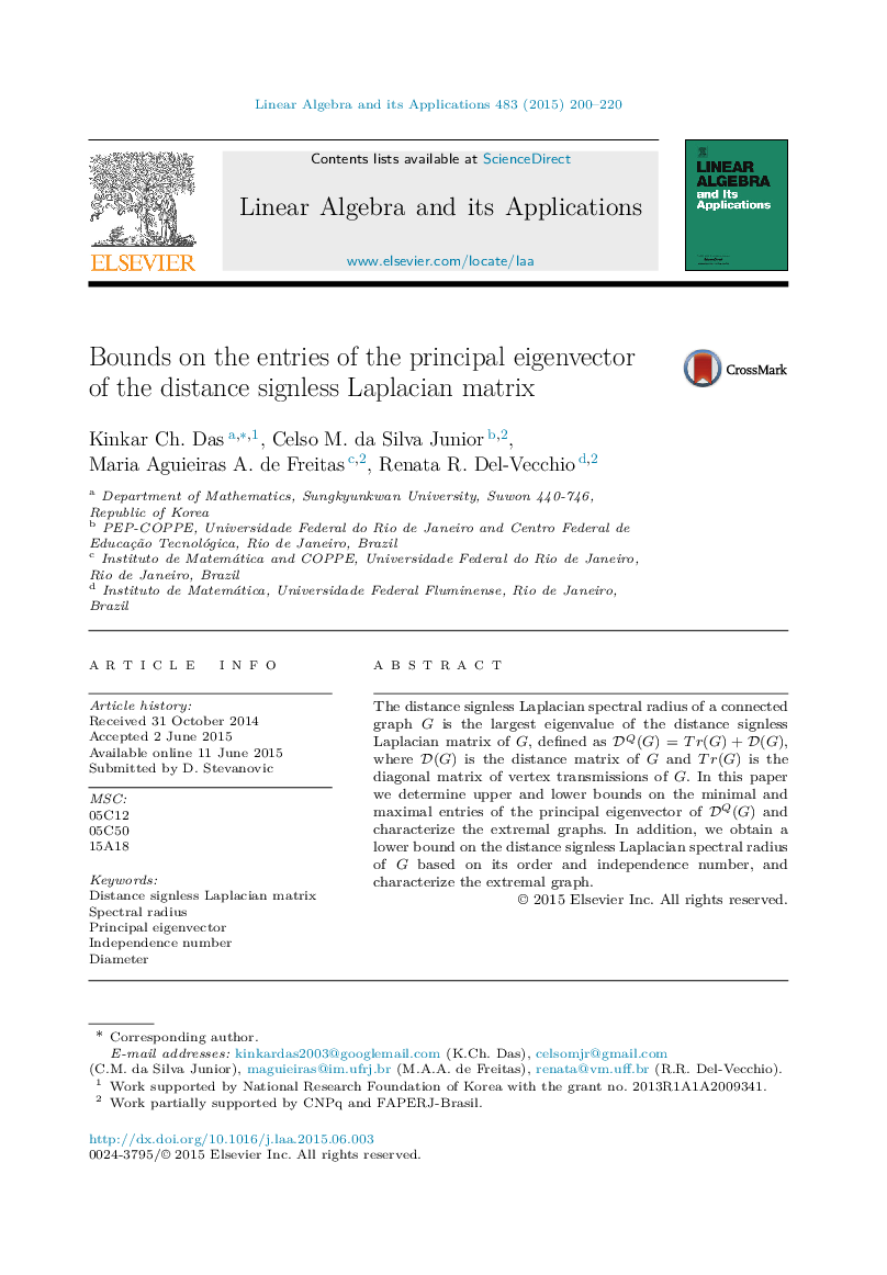 عکس صفحه اول مقاله: Bounds on the entries of the principal eigenvector of the distance signless Laplacian matrix Bounds on the entries of the principal eigenvector of the distance signless Laplacian matrix