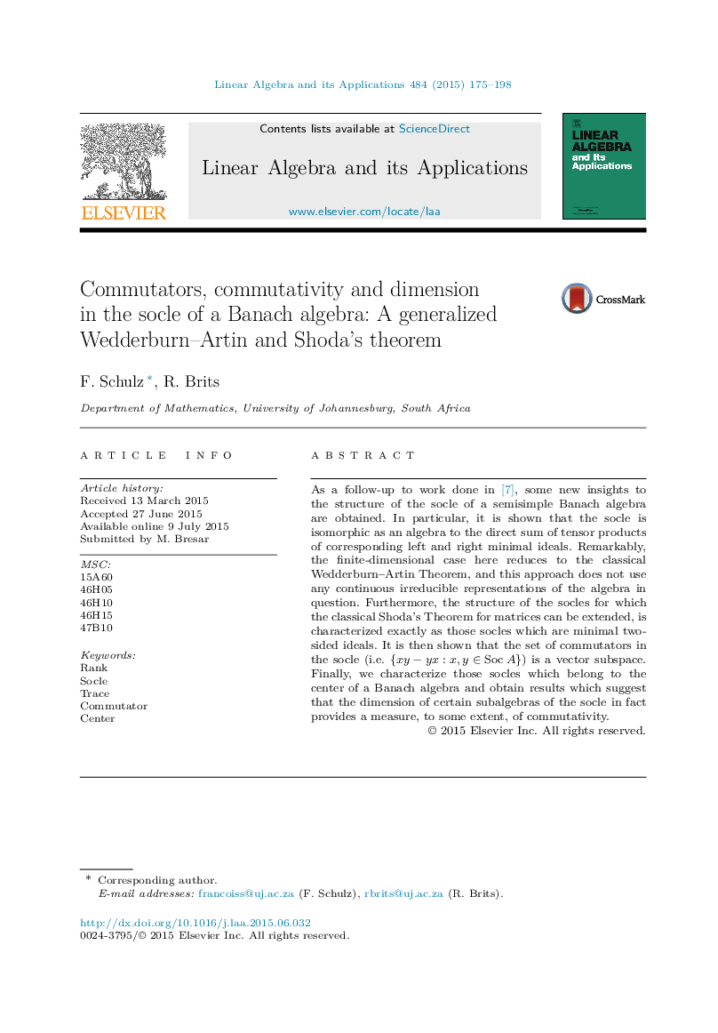 Commutators, commutativity and dimension in the socle of a Banach algebra: A generalized Wedderburn–Artin and Shoda's theorem