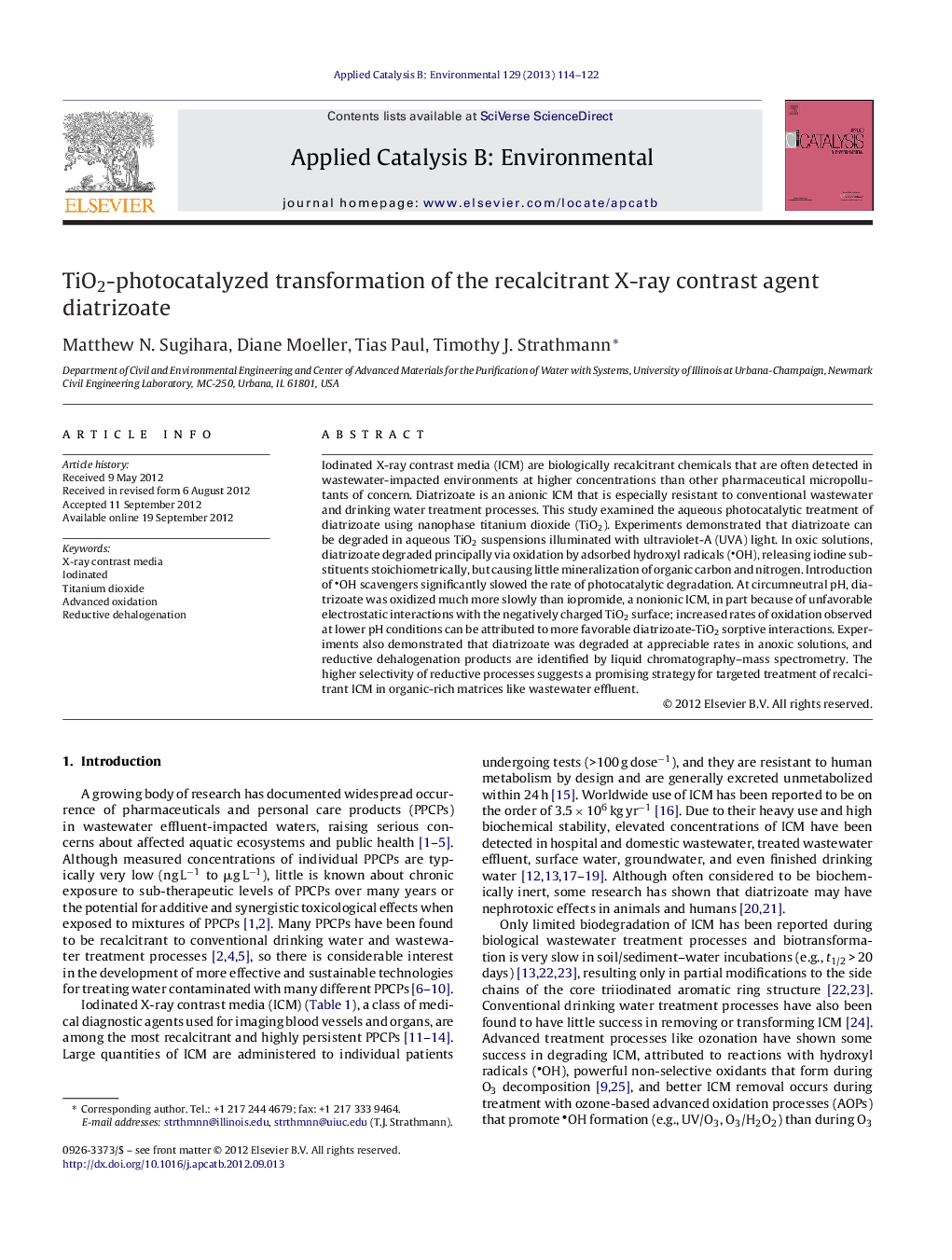 TiO2-photocatalyzed transformation of the recalcitrant X-ray contrast agent diatrizoate