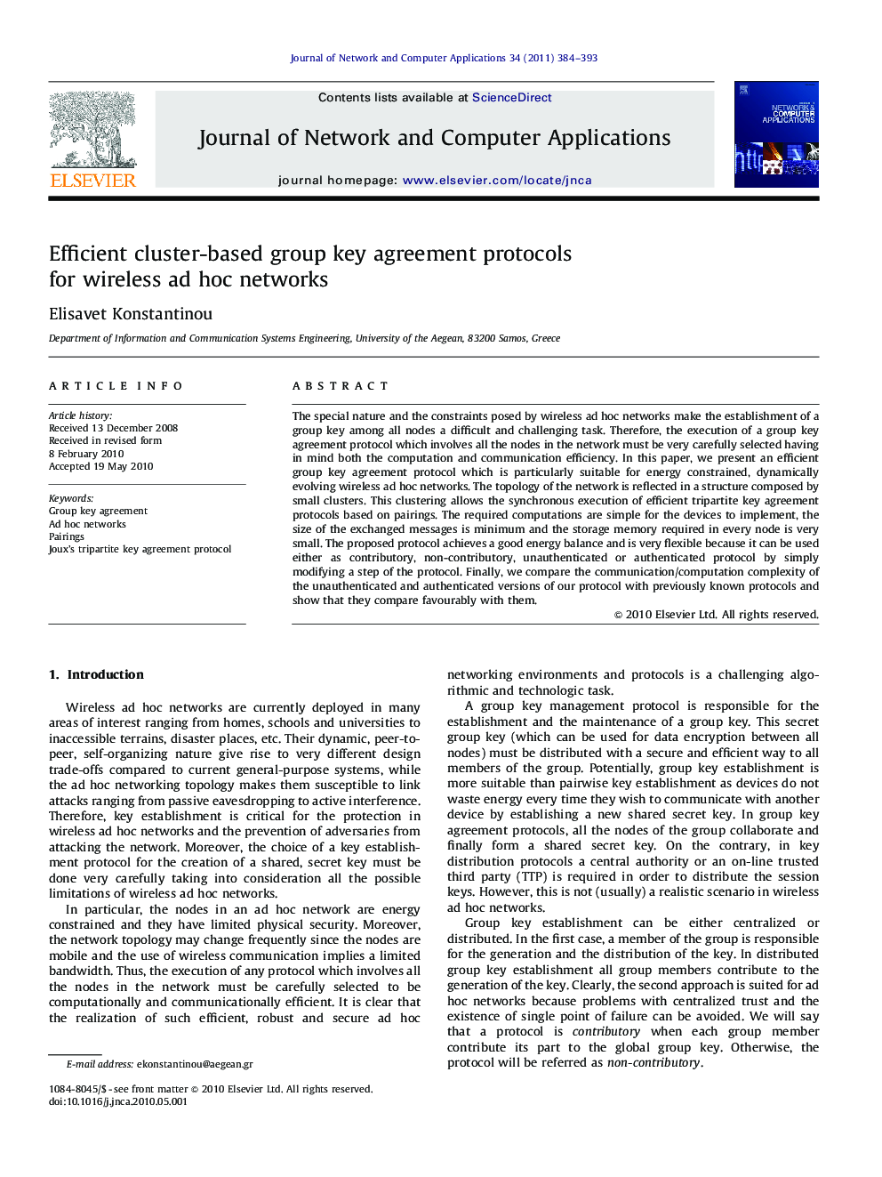 Efficient cluster-based group key agreement protocols for wireless ad hoc networks