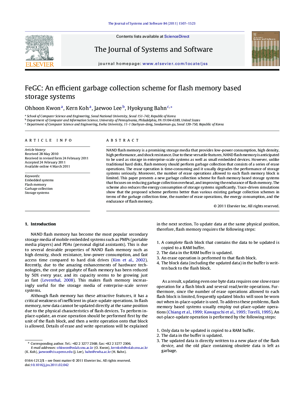 FeGC: An efficient garbage collection scheme for flash memory based storage systems