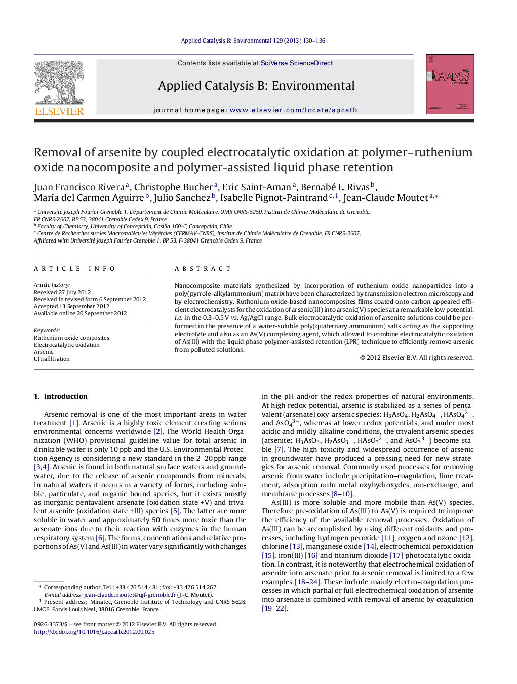 Removal of arsenite by coupled electrocatalytic oxidation at polymer–ruthenium oxide nanocomposite and polymer-assisted liquid phase retention