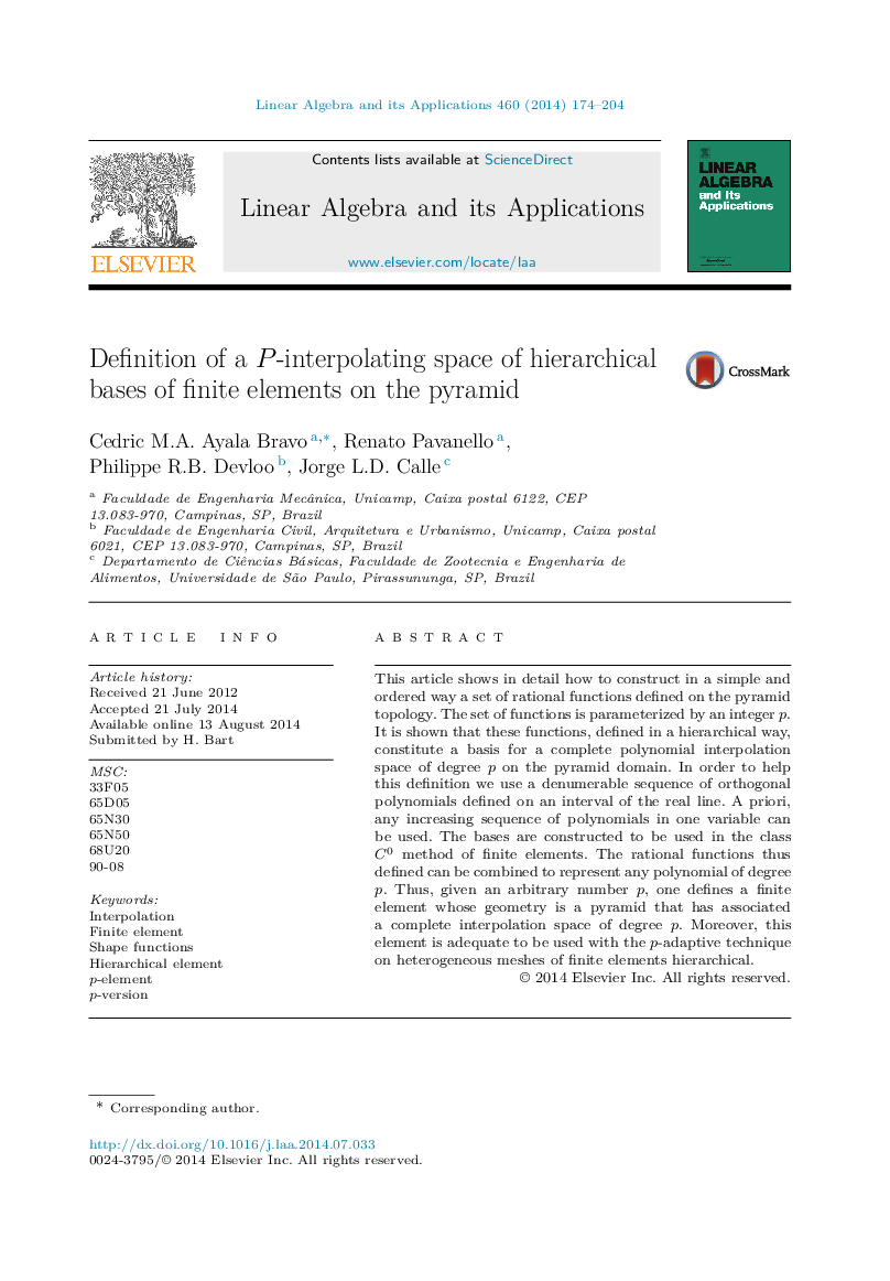 Definition of a P-interpolating space of hierarchical bases of finite elements on the pyramid