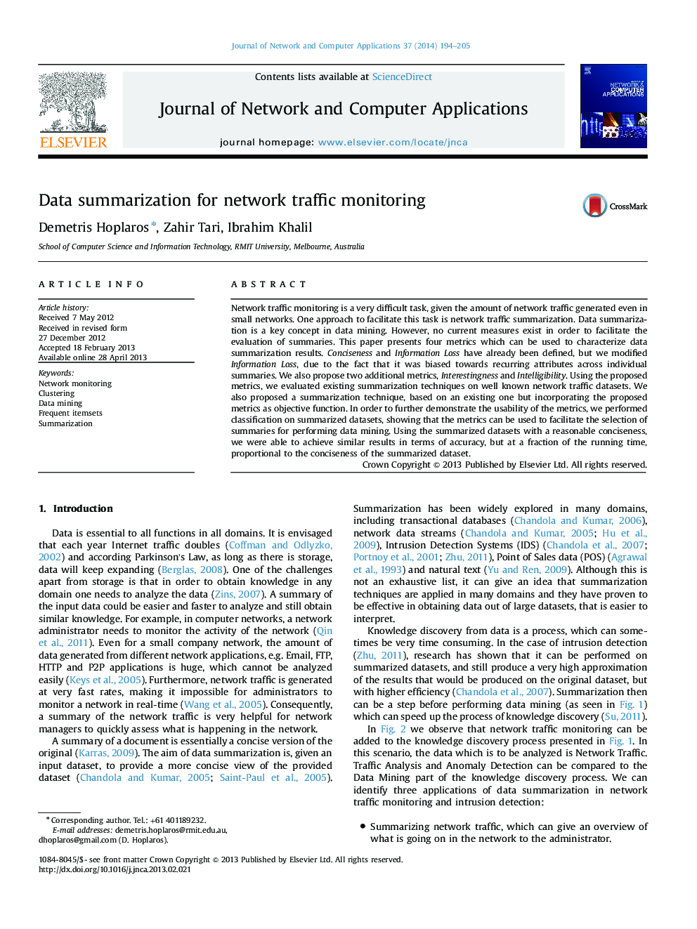 Data summarization for network traffic monitoring