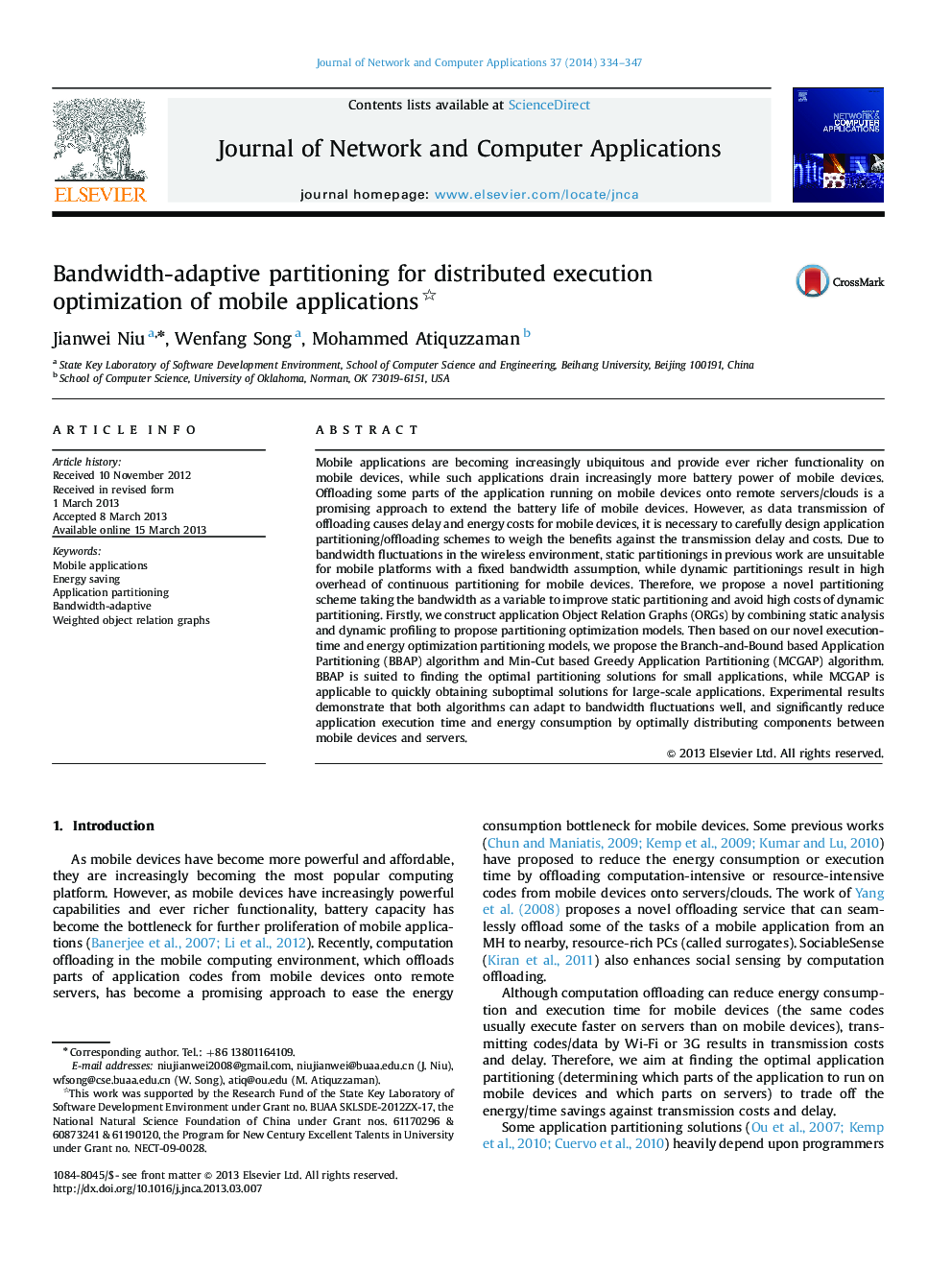 Bandwidth-adaptive partitioning for distributed execution optimization of mobile applications 