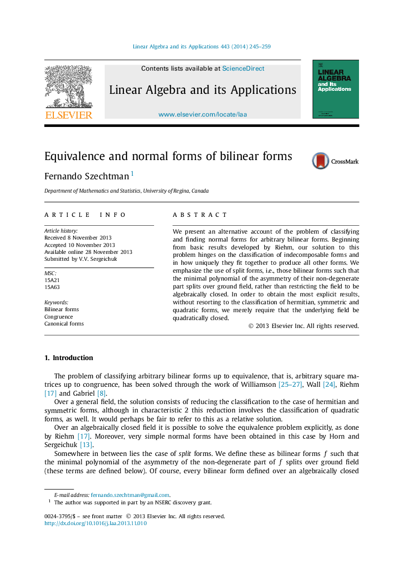 Equivalence and normal forms of bilinear forms