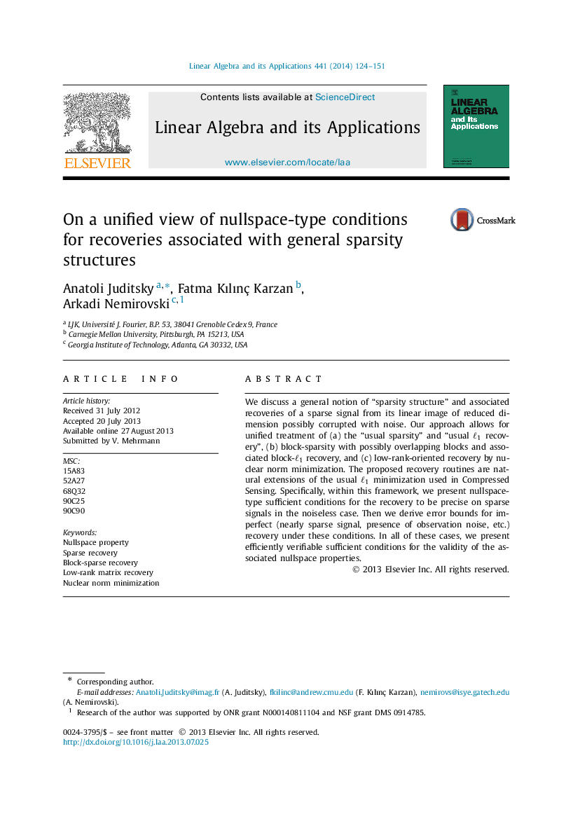 عکس صفحه اول مقاله: On a unified view of nullspace-type conditions for recoveries associated with general sparsity structures On a unified view of nullspace-type conditions for recoveries associated with general sparsity structures