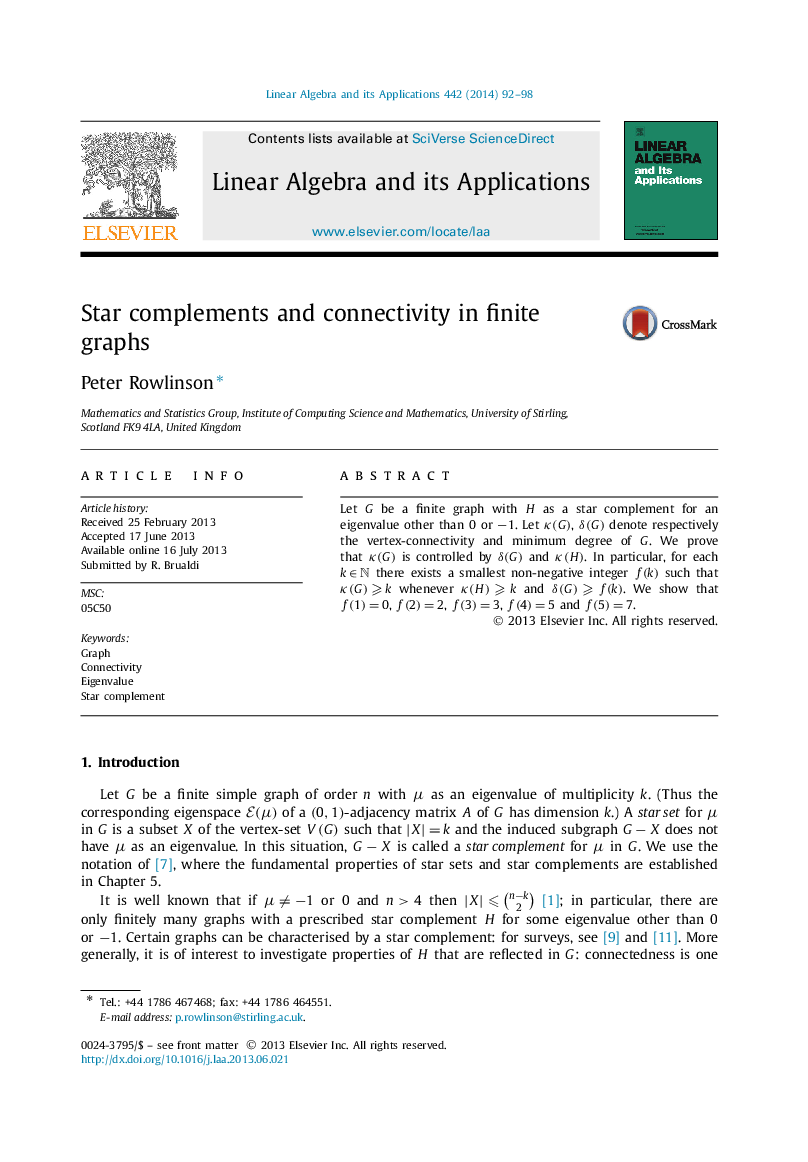 Star complements and connectivity in finite graphs