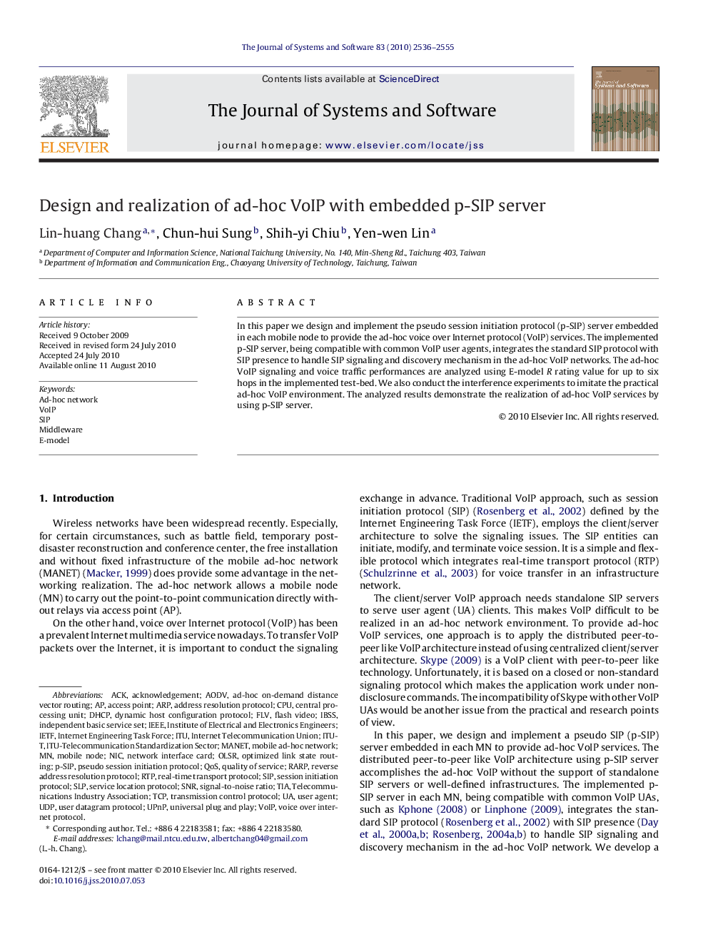 Design and realization of ad-hoc VoIP with embedded p-SIP server