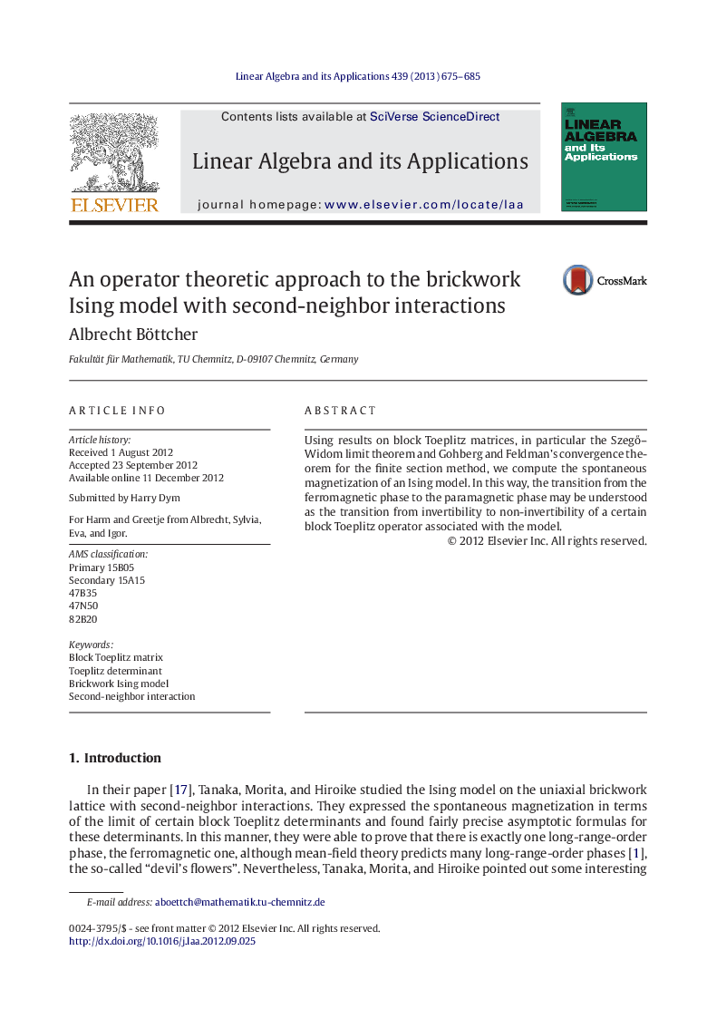 An operator theoretic approach to the brickwork Ising model with second-neighbor interactions