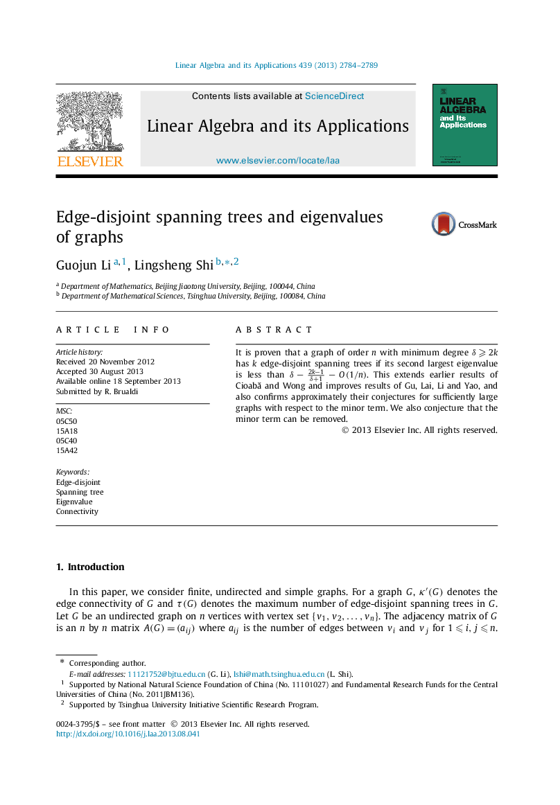 Edge-disjoint spanning trees and eigenvalues of graphs