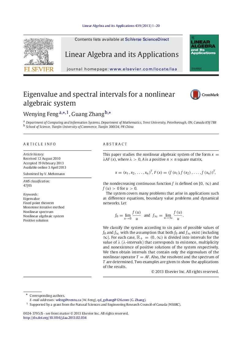 Eigenvalue and spectral intervals for a nonlinear algebraic system