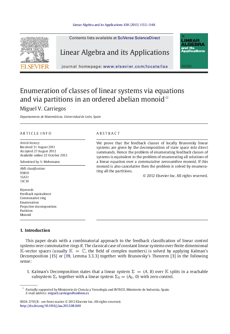 Enumeration of classes of linear systems via equations and via partitions in an ordered abelian monoid 