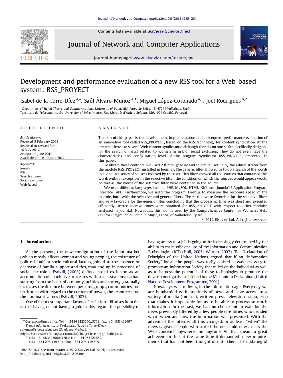 Development and performance evaluation of a new RSS tool for a Web-based system: RSS_PROYECT