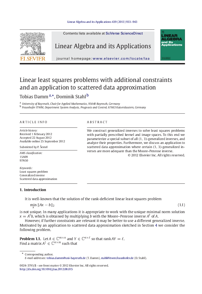 Linear least squares problems with additional constraints and an application to scattered data approximation