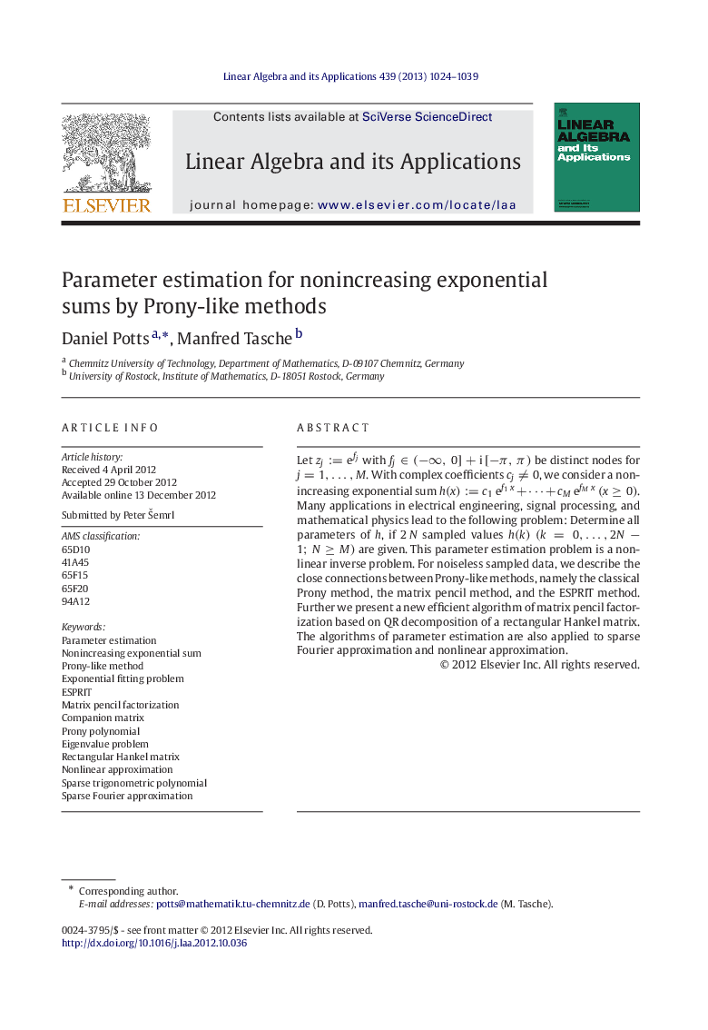 Parameter estimation for nonincreasing exponential sums by Prony-like methods