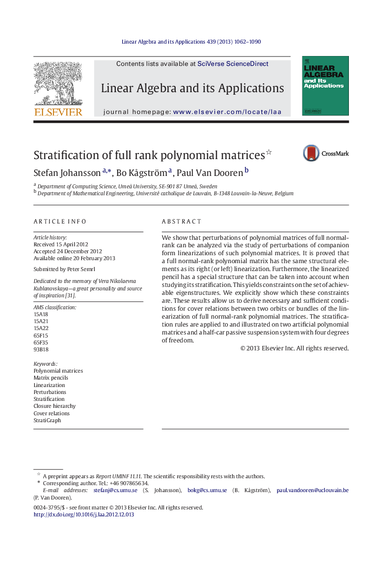 Stratification of full rank polynomial matrices 