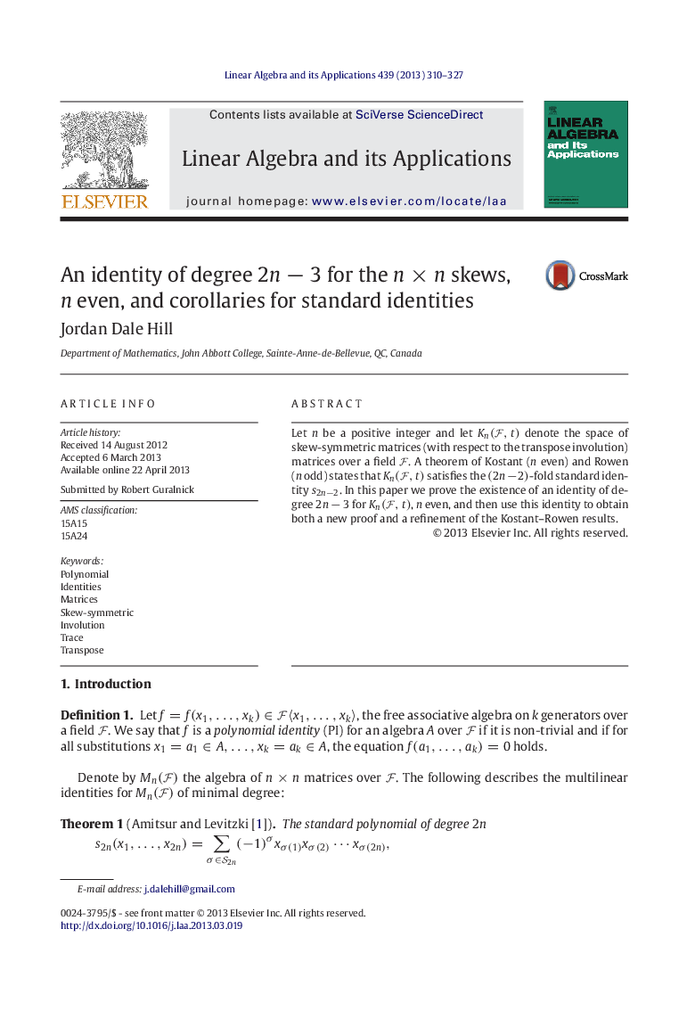 An identity of degree 2n − 3 for the n × n skews, n even, and corollaries for standard identities