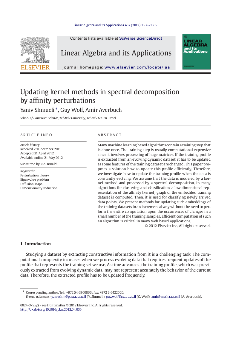 Updating kernel methods in spectral decomposition by affinity perturbations