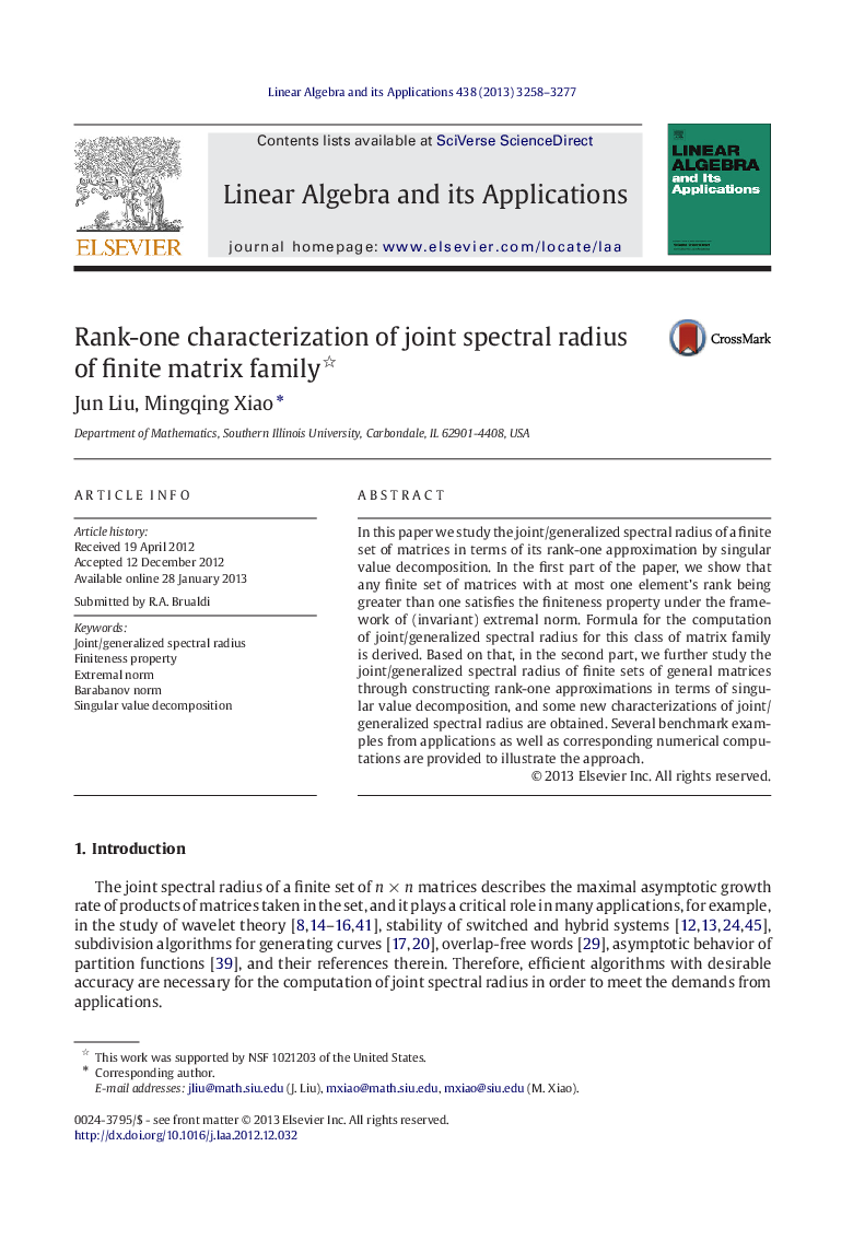 Rank-one characterization of joint spectral radius of finite matrix family 