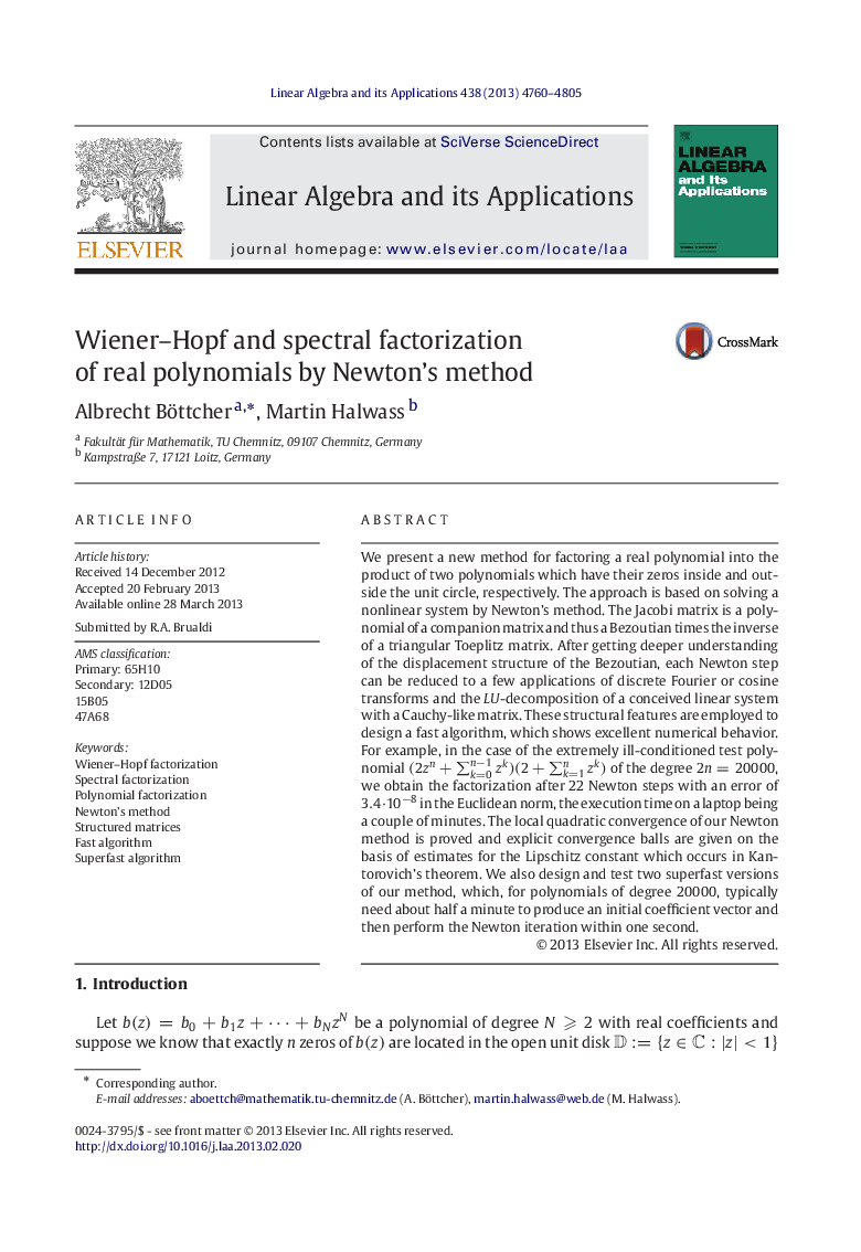 Wiener–Hopf and spectral factorization of real polynomials by Newton’s method
