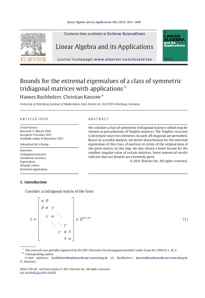 Bounds for the extremal eigenvalues of a class of symmetric tridiagonal matrices with applications 