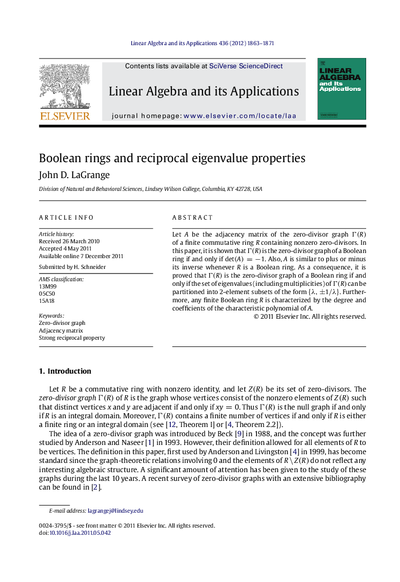 Boolean rings and reciprocal eigenvalue properties