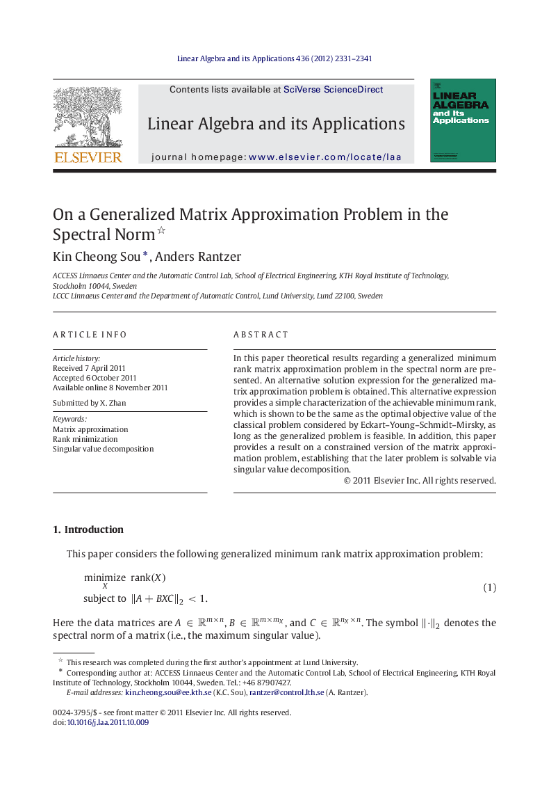 On generalized matrix approximation problem in the spectral norm 