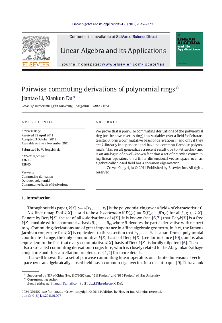 Pairwise commuting derivations of polynomial rings 