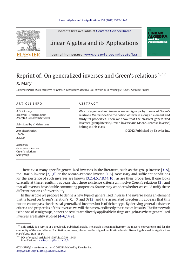 Reprint of: On generalized inverses and Green’s relations 