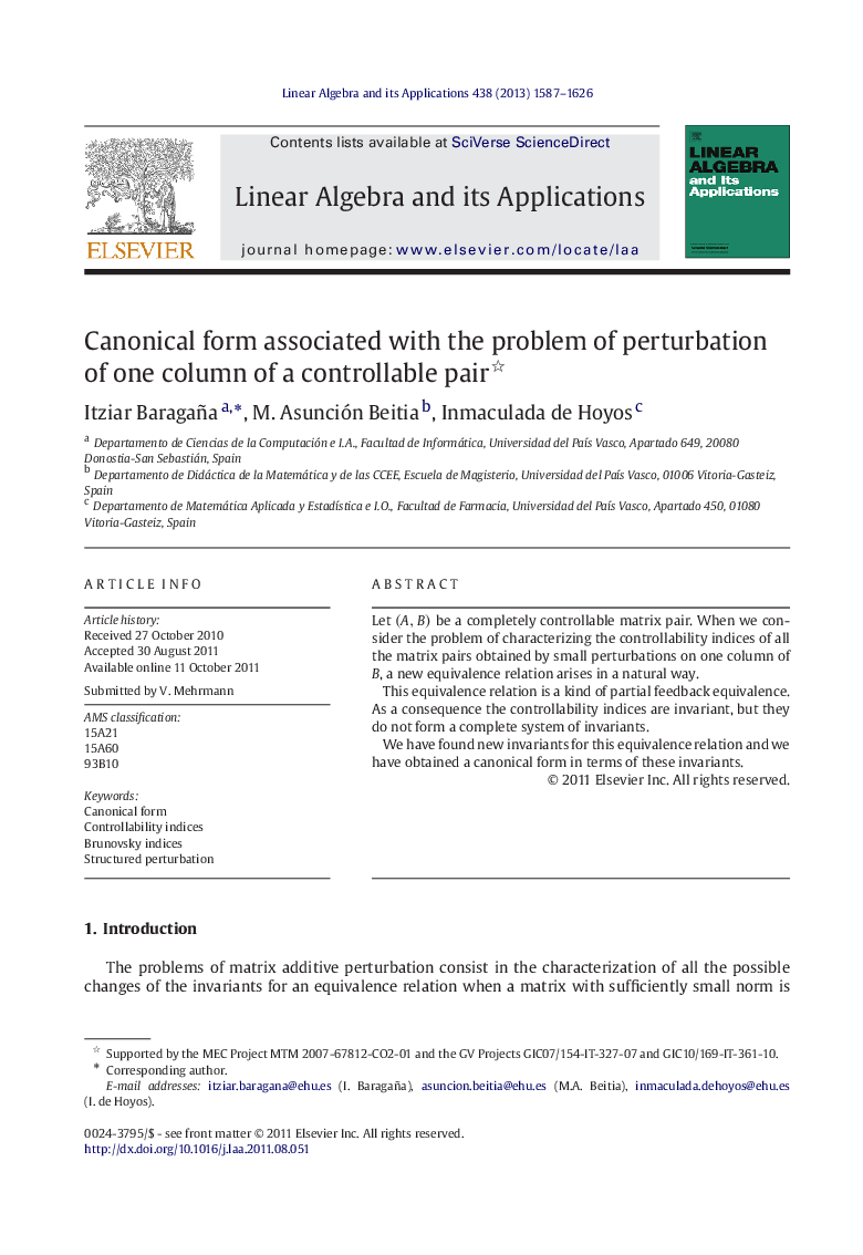 Canonical form associated with the problem of perturbation of one column of a controllable pair 