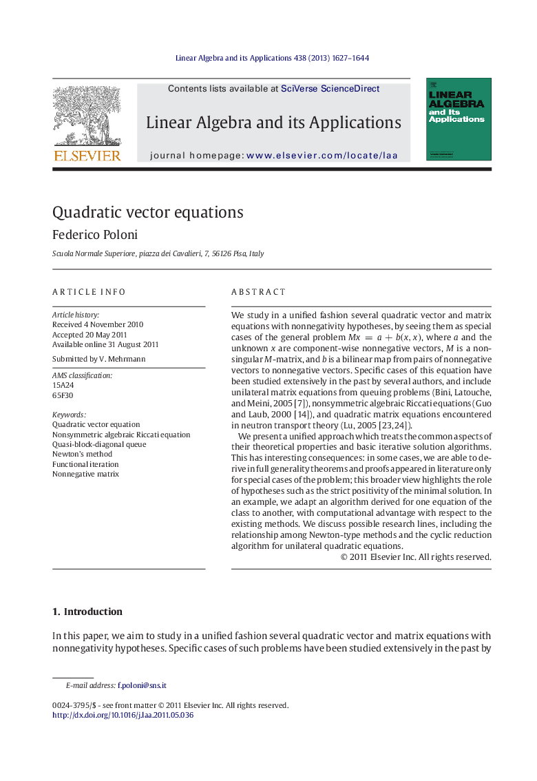 Quadratic vector equations