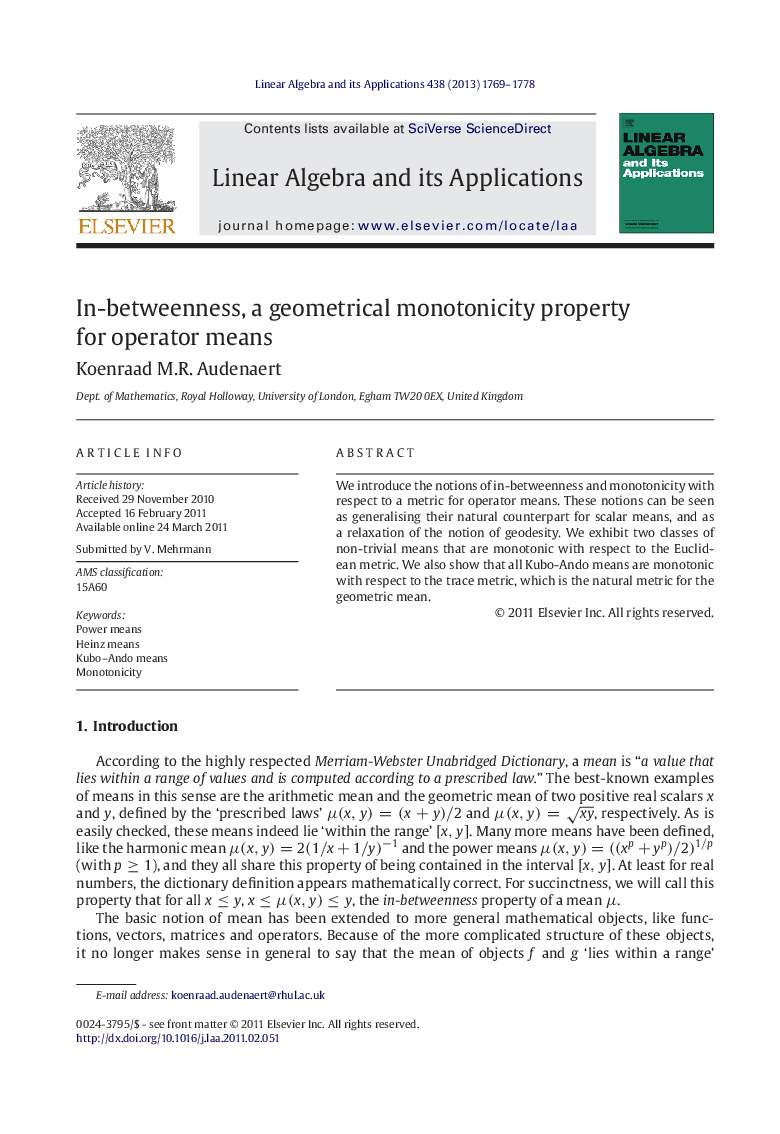 In-betweenness, a geometrical monotonicity property for operator means