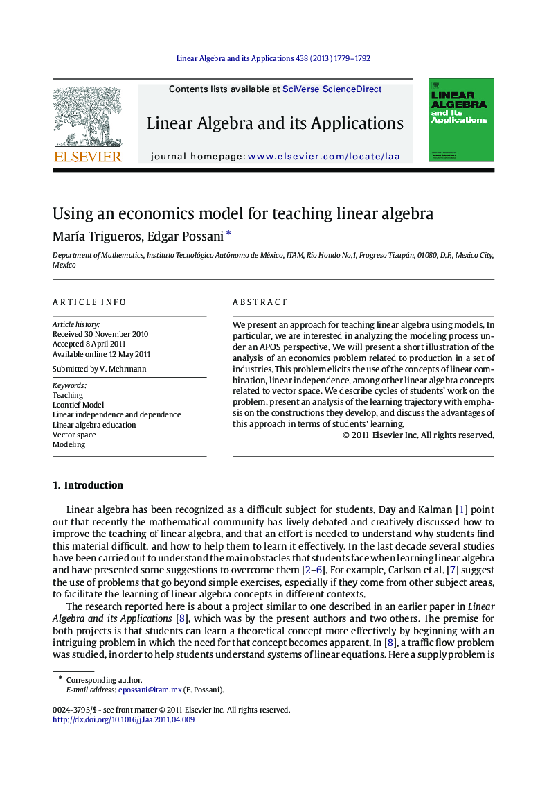 Using an economics model for teaching linear algebra