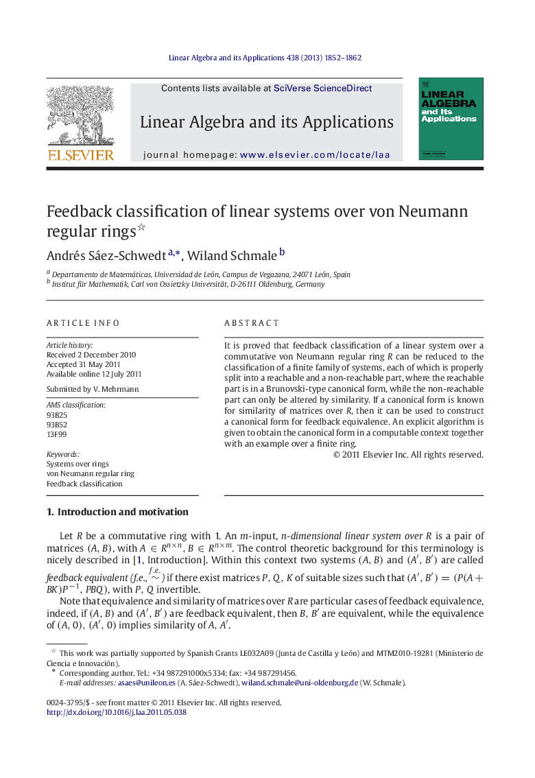 Feedback classification of linear systems over von Neumann regular rings 