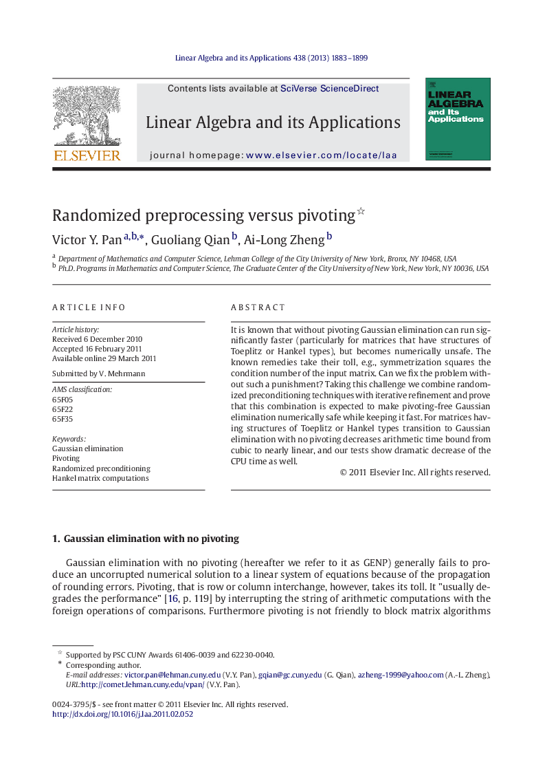 Randomized preprocessing versus pivoting 